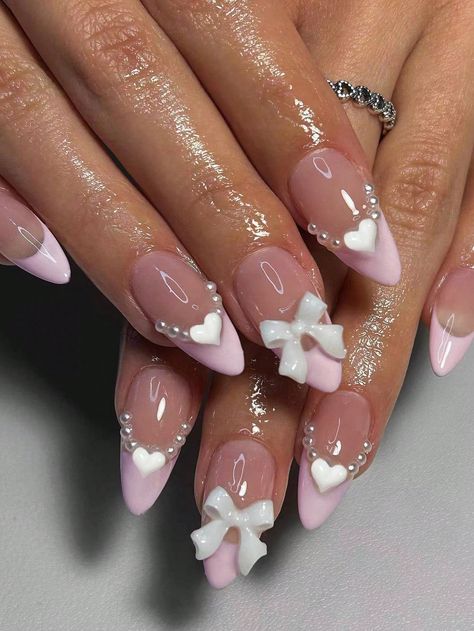 Multicolor  Collar    Bare Nails Embellished   Nail,Hand & Foot Care Nails Long Almond, Bow Nail Designs, Cute Pink Nails, Long Almond, Cute Simple Nails, Simple Gel Nails, Summery Nails, Girly Acrylic Nails, Short Square Acrylic Nails