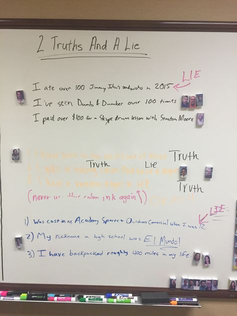 Whiteboard 6: 2 TRUTHS & A LIE. Have people take turns writing 2 truths and 1 lie about themselves. People guess which is the lie. 2 Truths And 1 Lie, Work Team Building, Jimmy Johns, The Lie, Truth And Lies, Drum Lessons, Random Image, Building Ideas, In High School