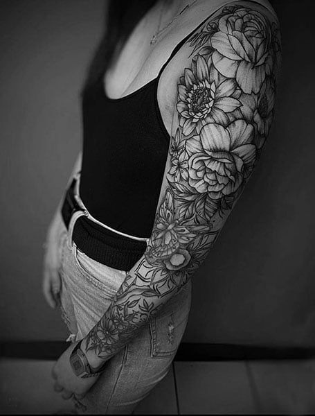 Women’s Full Sleeve Tattoos, Sleeve Fillers For Women Tattoo Ideas, Tattoo Sleeve Fillers, Sleeve Filler Ideas Women, Sleeve Filler Ideas, Tattoo Sleeve Filler Ideas, Sleeve Tattoo Ideas For Women, Fill In Tattoo Ideas, Family Sleeve Tattoo