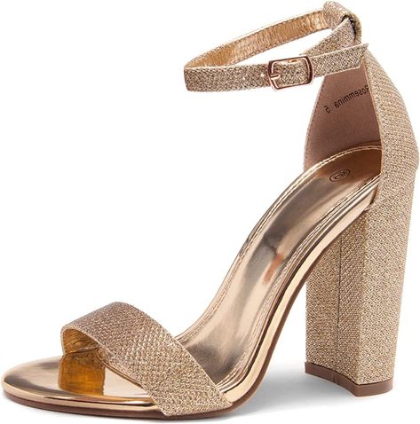 Amazon.com | Herstyle Rosemmina Womens Open Toe Ankle Strap Chunky Block High Heel Dress Party Pump Sandals Rose Gold Shimmer 9.0 | Heeled Sandals Black Chunky Heels, High Heel Dress, Party Pumps, Chic Heels, Sparkly Heels, Trendy Sandals, Ankle Strap High Heels, Strappy High Heels, Wedding Sandals