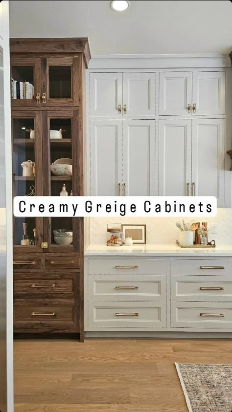 All Posts • Instagram Walnut Cabinets White Countertops, Off White Cabinet, Kitchen Walnut Cabinets, Modern Transitional Kitchen, Cream Colored Kitchen Cabinets, Medallion Cabinets, Kitchen Walnut, Taupe Kitchen Cabinets, Two Toned Kitchen Cabinets