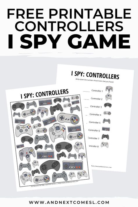 This free video game controllers I spy printable game is perfect for kids who love video games! They'll love searching and counting for the different controllers. #ispyprintable #ispygames #videogames #raisinggeeks Video Game Party Activities, Video Game Party Games, Video Game Themed Activities For Kids, Video Game Activities For Kids, Video Game Crafts For Kids, Video Game Printables Free, Gamer Free Printable, Video Game Birthday Party Activities, Spy Themed Activities For Kids