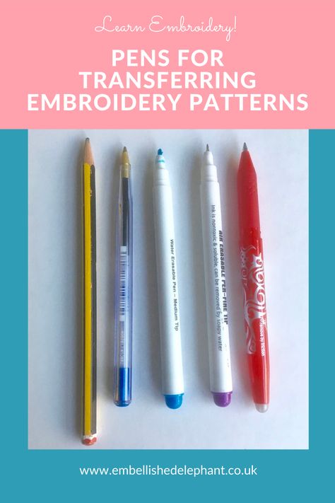 There are more ways than ever for getting patterns transferred onto fabric to stitch on such as pre-printed fabric, carbon paper, water soluble paper. But if you are drawing your own pattern or just want a basic transfer methods then all you need is a pen. There are 5 main pens you can use for transferring embroidery patterns: Water Soluble Fabric Embroidery, Transfer Embroidery Pattern To Fabric, Embroidery Hacks, Seed Bead Patterns Free, Water Soluble Paper, Water Soluble Fabric, Flair Pens, Carbon Paper, Embroidery Tips