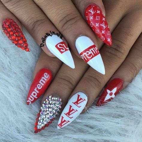 Supreme Nails, J Nails, Shiny Nails Designs, Gucci Nails, Image Nails, Red Nail Polish, Glam Nails, Nailed It, Luxury Nails