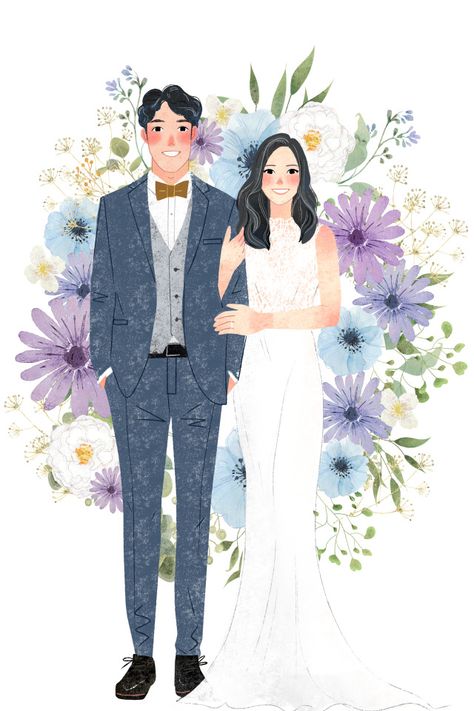 Wedding Illustration Card, Wedding Couple Cartoon, Wedding Caricature, Custom Portrait Painting, Couples Portrait, Draw Cute, Wedding Painting, Illustration Photo, Wedding Illustration