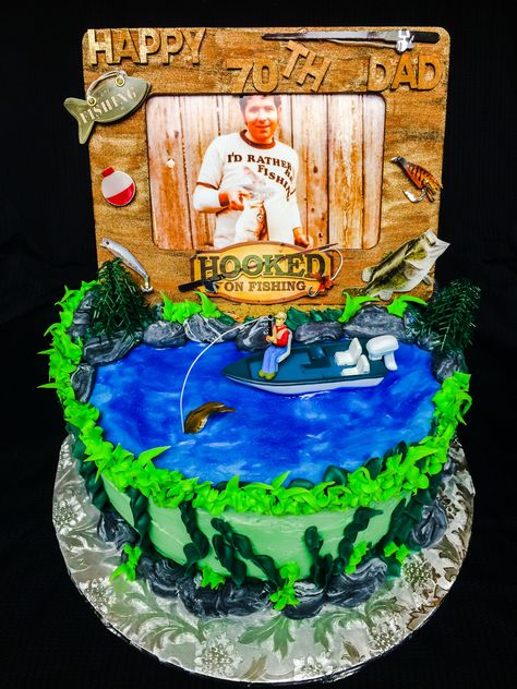 70th birthday fishing themed cake Deer Hunting Cake, Hunting Birthday Cakes, Fish Cake Birthday, Fishing Cake, Hunting Cake, Deer Cakes, Camo Birthday, Hunting Birthday, Dad Birthday Cakes