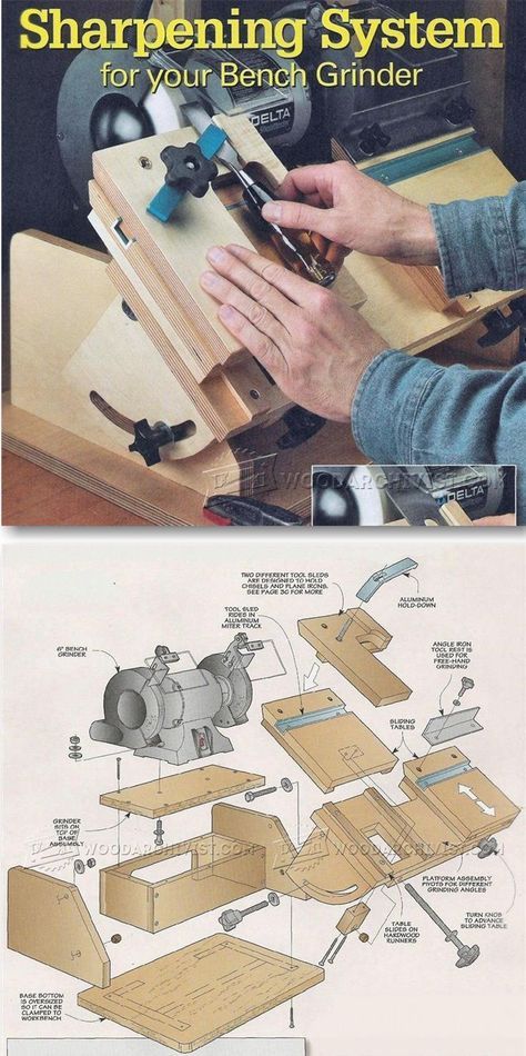 Bench Grinder Tool Rest Plans - Sharpening Tips, Jigs and Techniques | <a href="http://WoodArchivist.com" rel="nofollow" target="_blank">WoodArchivist.com</a> Family Projects, Bench Grinder, Emerald Rings, Sharpening Tools, Wood Shop Projects, Shop Tools, Homemade Tools, Wood Tools, Woodworking Jigs