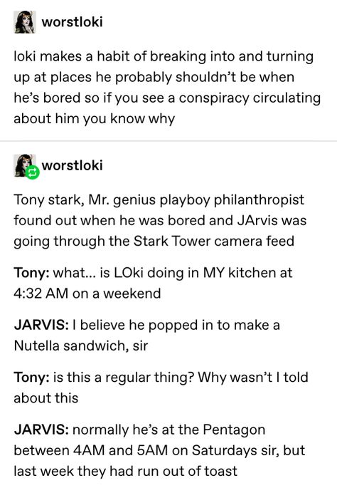 Marvel Headcanon Loki, Frostiron Headcanons, Superfamily Avengers Headcanons, Tony X Loki, Natasha Romanoff Clint Barton, Loki X Tony, Loki And Tony, Loki Headcanon, Loki Tony