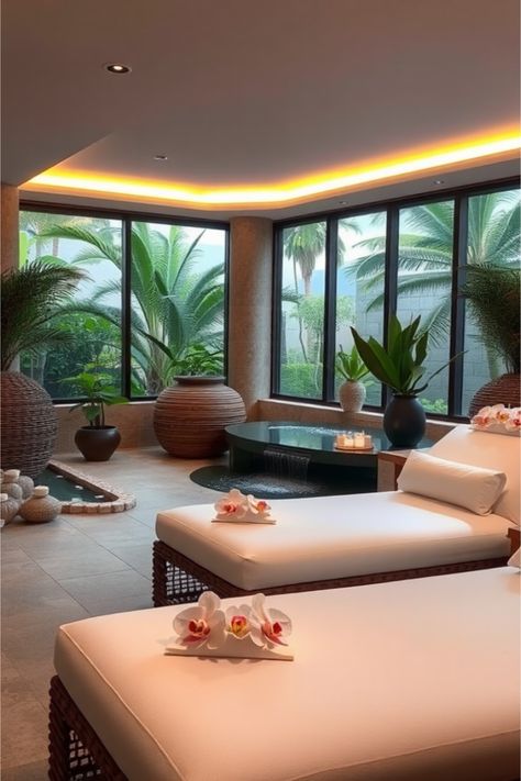 spa interior design Indoor Spa Room, Home Spa Room Ideas, Spa Interior Design Ideas, Spa Interior Design Luxury, Residential Compound, Spa Room Ideas, Spa Aesthetic, Dream Spa, Home Spa Room