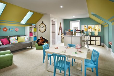 Attic playroom and craft room ideas allows you to keep an eye on the little ones as you get busy - Decoist Playroom Office Combo, Home Office And Playroom Combo, Office And Playroom Combo, Home Office And Playroom, Office Playroom Combo, Attic Playroom Ideas, Smart Home Office, Office Design Diy, Smart Home Dashboard