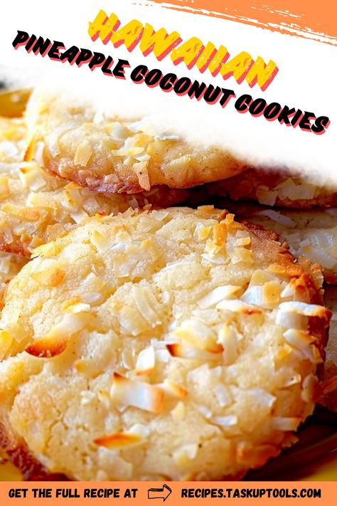 Experience the tropical delight of Hawaii at your fingertips with these Hawaiian Pineapple Coconut Cookies. Each bite offers a fusion of sweet pineapples and aromatic coconut that transports you to sandy beaches and sunny days. Perfect for a midday treat or dessert, these cookies are a must-try for every foodie. Explore our easy-to-follow recipe and create your own paradise in a cookie! #HawaiianCookies #PineappleCoconut #TropicalDelight #HomemadeBake #Foodie Hawaiian Almond Cookies Recipes, Neopolitan Coconut Bars, Hawaiian Pineapple Coconut Cookies, Hawaii Cookies Recipes, Hawaiian Pineapple Cookies, Pineapple Cookies Easy, Pineapple And Coconut Recipes, Hawaii Desserts Easy Recipes, Pineapple Upside Down Cookies Recipe