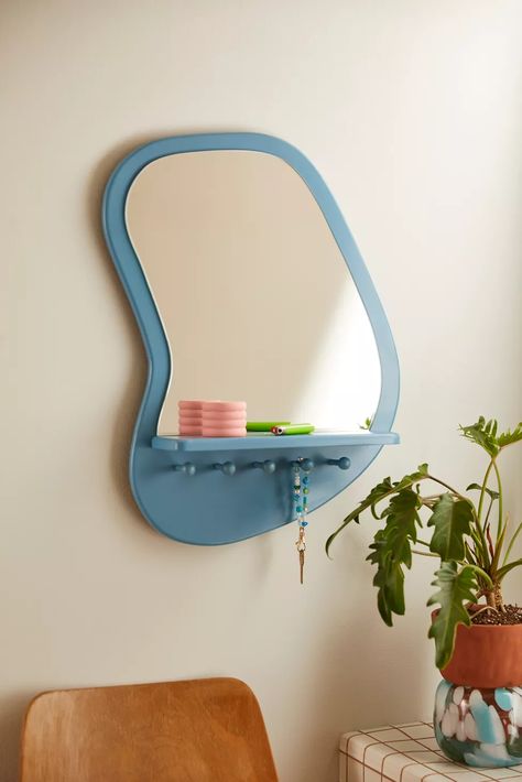 Cool Shaped Mirrors, Tool Storage For Small Spaces, Colorful Wall Mirror, Color Pop Room Decor, Modern Shape Mirror, Fun Shaped Mirrors, Urban Outfitters Dorm Room Ideas, Urban Outfitters Back To College, Cute Wall Mirrors