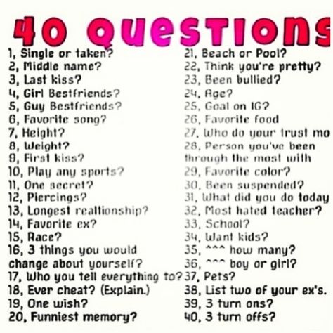 ask me! please! I love these things, for some reason (:.just pick a number and ill answer the question it goes with 40 Questions Game, T Or D Questions, 21 Questions Game, Snapchat Question Game, 40 Questions, Snapchat Questions, Who Knows Me Best, Q And A Questions, Best Friend Quiz