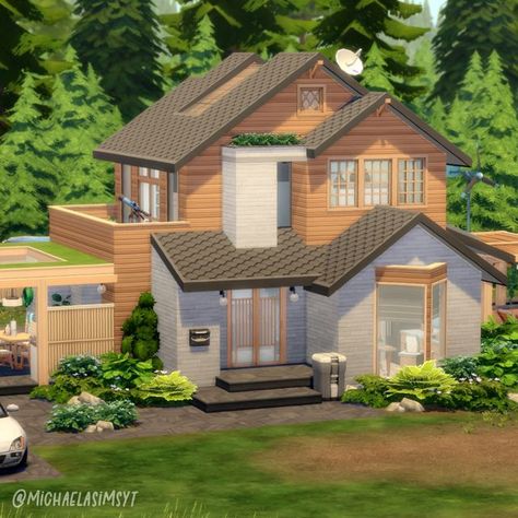 Eco Living House, Eco House Exterior, Sims 4 Exterior, Sims 4 Loft, Sims 4 Cottage, Sims 4 House, Sims 4 Family, Warm Color Schemes, Shell House