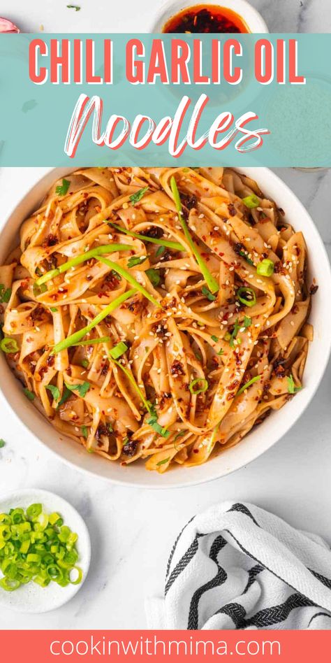 These Chili Garlic Oil Noodles are ready in just 10 minutes! The perfect quick and easy recipe packed with umami and spicy flavor and a touch of sweetness. The recipe is vegan too, but even meat lovers will enjoy these delicious noodles. Try this recipe today and enjoy every tasty bite! Spicy Chili Garlic Noodles, Garlic Oil Noodles, Chili Garlic Noodles, Garlic Noodle, Chilli Garlic Noodles, Oil Noodles, Delicious Noodles, Fried Pasta, Chili Oil Recipe