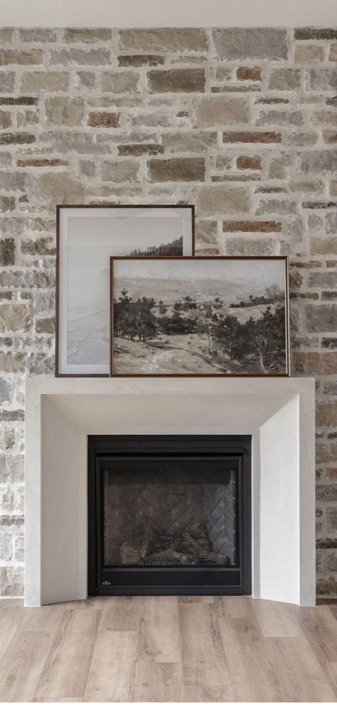 Modern Farmhouse Fireplace Stone, Farmhouse Modern Fireplace, Modern Farmhouse Brick Fireplace, Tan Fireplace, Fireplace Brick Ideas, Light Brick Fireplace, Modern Stone Fireplace Ideas, Fireplace Stone Ideas, Transitional Fireplace Design