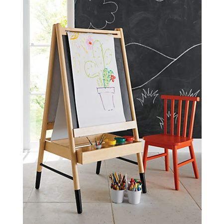 Kids Art Easel + Reviews | Crate and Barrel Toddler Easel, Kids Art Gifts, Kids Art Easel, Floor Easel, Kids Art Studio, Modern Playroom, Gift Crates, Kids Craft Room, Basement Playroom