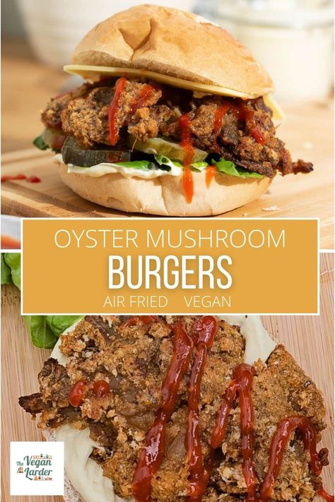 This yummy vegan oyster mushroom burger recipe is crunchy ,spicy and tender, just like a chicken burger! Air fried or baked so it's healthy too. Easy to make vegan burger that the whole family will want to try. Perfect quick meal that's just like take-out but healthier. Vegan Oyster Mushroom, Mushroom Burger Recipe, Mushroom Burger, Oyster Mushroom, Chicken Burger, Restaurant Dishes, Vegan Burger, Burger Recipe, Quick Meal