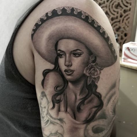 Charro Tattoo Mexican, Mexican Mariachi Tattoo, Charra Tattoos Mexican, Charra Tattoos, Mexican Pinup Tattoos, Mexican Bandit Tattoo, Skull And Rose Drawing, Mexican Pin Up Girl Tattoo, Dark Tattoos