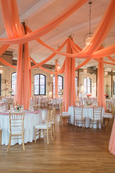 Elegant Coral Wedding in Downtown Charleston | The Perfect Palette Coral Wedding Ideas, Turquoise Coral Weddings, Coral Wedding Decorations, Coral Wedding Themes, Coral Ocean, Ceiling Draping, Coral Decor, 55th Birthday, Ocean Wedding