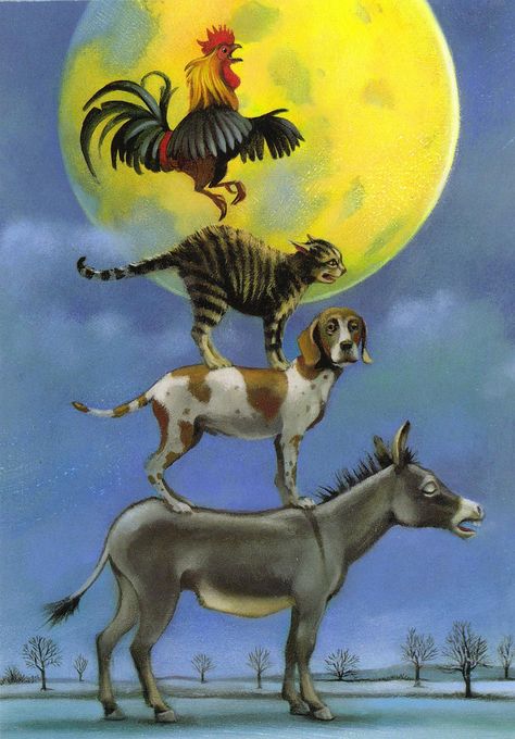 Bremen Musicians, Bremen Town Musicians, Musician Art, Antique Illustration, Art Et Illustration, Fairytale Art, Beautiful Moon, Donkeys, Art And Illustration