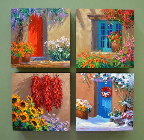 SH6813 Santa Fe Seasons grouping Simple Oil Painting Ideas Inspiration, 4x4 Paintings, Multiple Canvas Paintings, Mikki Senkarik, Mini Toile, Acrylic Painting Inspiration, Painting Aesthetic, Small Canvas Paintings, Southwest Art