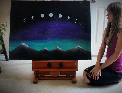 Moon phases painting Moon Phases Painting Easy, Moon Phases Painting, Artists Photoshoot, Henna Canvas, Passion Painting, Painting Moon, Arte Yoga, Let's Make Art, Big Magic