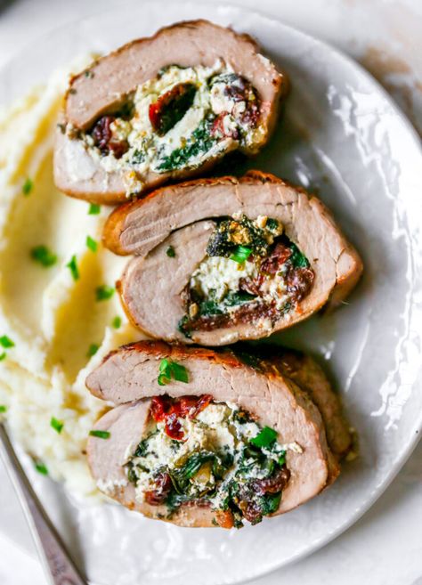 Stuffed Pork Tenderloin with Apple Cider Pan Sauce Mustard Pork Tenderloin, Apple Pork Tenderloin, Butter Mashed Potatoes, Pork Tenderloin Recipe, Tenderloin Recipe, Stuffed Pork, Pan Sauce, Tenderloin Recipes, Pork Tenderloin Recipes