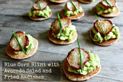 Blue Corn Blini with Avocado Salad and Fried Radishes!  Talk about a WOW factor! via @Amy Kritzer Fried Radishes, Amuse Bouche Ideas, Recipes Apples, Jewish Food, Holiday Appetizer, Baptism Ideas, Blue Corn, Vegetarian Appetizers, Kosher Recipes