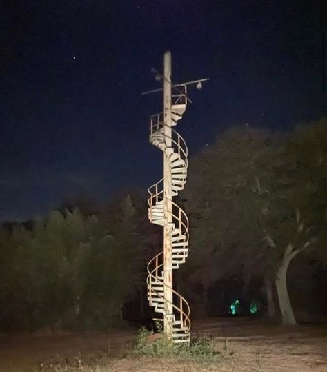 Stairs In The Woods, Dreamcore Aesthetic, Weird Photography, Weirdcore Aesthetic, Grain Silo, Dreamcore Weirdcore, Weird Dreams, Abandoned Places, At Night