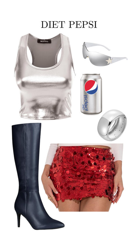 Diet Pepsi-themed Halloween costume featuring a metallic silver crop top, oversized silver ring, reflective star-shaped sunglasses, red sequin mini skirt, black knee-high boots, and a can of Diet Pepsi Diet Pepsi Halloween Costume, Coke And Pepsi Costume, Diet Pepsi Costume, Pepsi Costume, Silver Halloween Costume, Solo Costume Ideas, Max Costume, Costume Unique, Halloween Fits