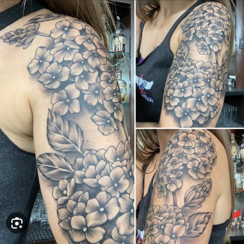 Hydrangea Tattoo, Realistic Flower Tattoo, Lilac Tattoo, Still Healing, Mum Tattoo, Flower Spine Tattoos, Purple Tattoos, Floral Thigh Tattoos, Tribute Tattoos