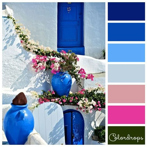 Colors of Santorini for a destination wedding in Greece #weddingideas #destinationweddingplanning Greek Bedroom, Mediterranean Color Palette, Greek Garden, Santorini House, Greek Decor, Santorini Blue, Mediterranean Interior, Greek Blue, Color Schemes Colour Palettes