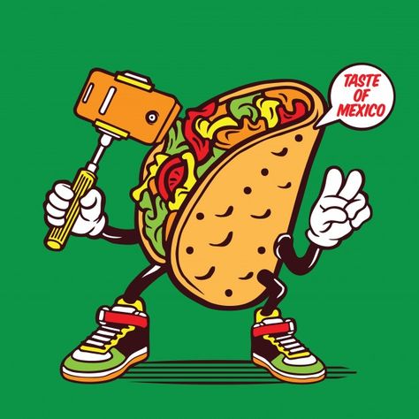 Selfie mexican taco character design | Premium Vector #Freepik #vector #food #hand #camera #phone Taco Character, Character Design Vector, Taco Cartoon, Taco Drawing, Food Cartoon, Posca Art, Vector Food, Drawing Images, Logo Food