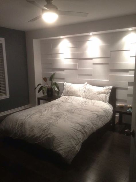 3d Wall Design Bedrooms, 3d Wall Panels Bedroom, Bedroom Headboard Wall Ideas, Wall With Lights, White Wall Bedroom, Wall Panels Bedroom, Bedroom Panel, Mural Wall, Bedroom Modern