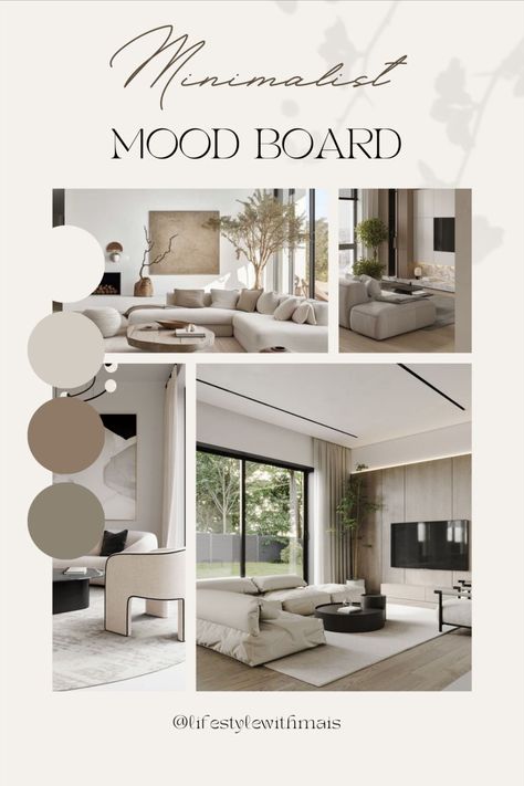 Minimalist Style Interior Design Mood Board, Mood Board Minimalist Interior, Home Color Mood Board, Serene Mood Board, Modern Home Mood Board, House Decor Mood Board, Minimalism Moodboard Interior, Minimalist Living Room Mood Board, Modern House Mood Board