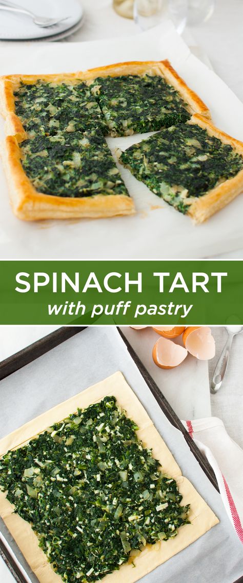 Spinach Tart Puff Pastries, Dinner Tart Recipes, Puff Pastry Tart Savory, Puff Pastry Vegetable Tart, Vegetarian Pastries, Saucy Meals, Spinach Cheese Puffs, Philo Dough, Spinach Tart