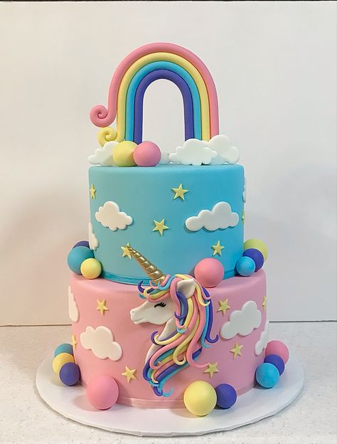 Unicorn Cake 2 Tier, Cake Ideas 2 Tier, Unicorn Cake Ideas, 1st Birthday Cake Designs, Cake 2 Tier, Pastel Cake, 2 Tier Cake, Pastel Cakes, Tier Cake