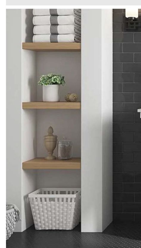 Alcove In Bathroom Wall, Built In Bathroom Shelves Next To Vanity, Bathroom Niche Ideas Built Ins Shelves, Bathroom Wall Niche Recessed Shelves, Bathroom Alcove Shelves, Bathroom Niche Ideas Built Ins, Recessed Shelves Bathroom, Bathroom Niche Ideas, Built In Bathroom Storage