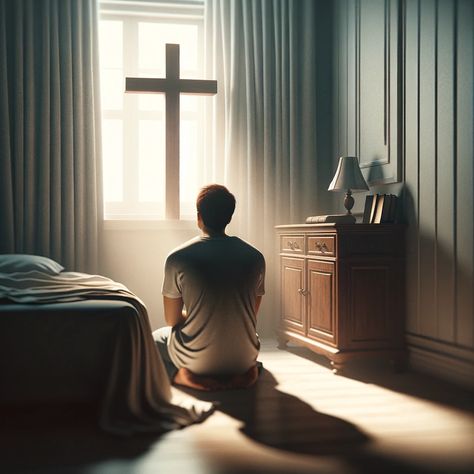 kneeling in prayer beside a bed, facing a wooden cross hanging on the wall. People Praying, Man Kneeling, Jesus Love Images, Kneeling In Prayer, Man Praying, Prayer Pictures, Jesus Background, Praying In The Spirit, Open Bible