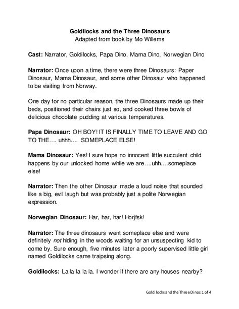 Goldilocks and the Three Dinosaurs Reader's Theater Script Reader's Theater, Acting Scripts, Paper Dinosaur, Acting Auditions, Readers Theater Scripts, Acting Techniques, Dinosaur Play, Paper Theatre, Theatre Plays