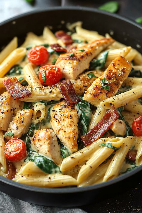 Chicken Bacon Spinach Penne Chicken And Bacon Pasta With Spinach, Chicken Bacon Spinach Penne, Meals With Spinach Dinners, Penne Rigate Recipes, Chicken Bacon Ranch Penne, Penne Alfredo Pasta, Alfredo Penne Pasta, Chicken And Spinach Recipes, Spinach Chicken Pasta