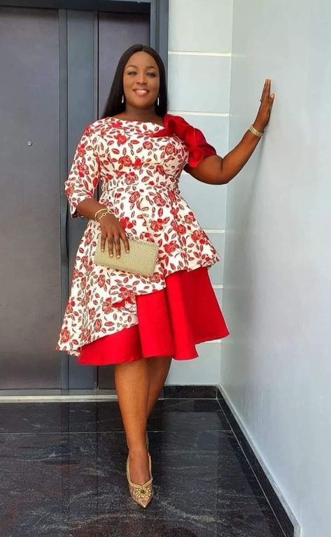 Red Church Outfit, Flared Dresses Classy, Peplum Gown Styles, Peplum Ankara, Corporate Gowns, Peplum Gown, African Attire Dresses, Modest Dresses Fashion, Classy Gowns