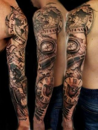 Nautical Sleeve, Nautical Tattoo Sleeve, Pirate Tattoo, Forarm Tattoos, Nautical Tattoo, Cat Tattoos, Watch Tattoos, Tiny Tattoo, Full Sleeve Tattoos