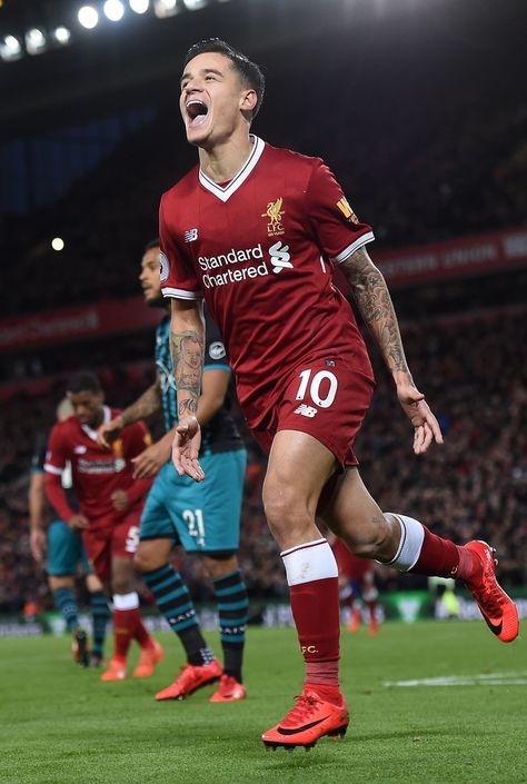 Liverpool's Brazilian midfielder Philippe Coutinho celebrates scoring his team's third goal during the English Premier League football match between Liverpool and Southampton at Anfield in Liverpool, north west England on November 18, 2017 Philippe Coutinho Liverpool, Coutinho Liverpool, Liverpool 2017, Phil Coutinho, Football Or Soccer, Team Goals, Liverpool Players, West England, Liverpool Fans