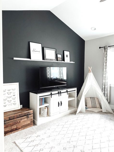 Accent Wall For Playroom, Playroom With Accent Wall, Dark Grey Playroom, Black Wall Playroom, Black Accent Wall Playroom, Gray Playroom Ideas, Playroom Accent Wall Color, Accent Wall Playroom, Cheating Heart Benjamin Moore