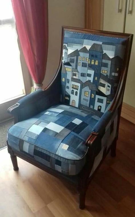 Denim Furniture, Upcycled Furniture Diy, Denim Art, Dekorasi Kamar Tidur, Recycle Jeans, Denim Crafts, 자수 디자인, Old Jeans, Recycled Denim