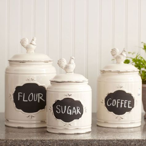 Birch Lane Bantam Rooster Canister Set - foxhollowcottage.com - Mini Kitchen Makeover Antique Chalkboard, Decorative Kitchen Canisters, White Kitchen Canisters, Painted Canisters, 3 Piece Kitchen Canister Set, Farmhouse Kitchen Canisters, Ceramic Kitchen Canister Sets, Rooster Canisters, Country Chic Kitchen