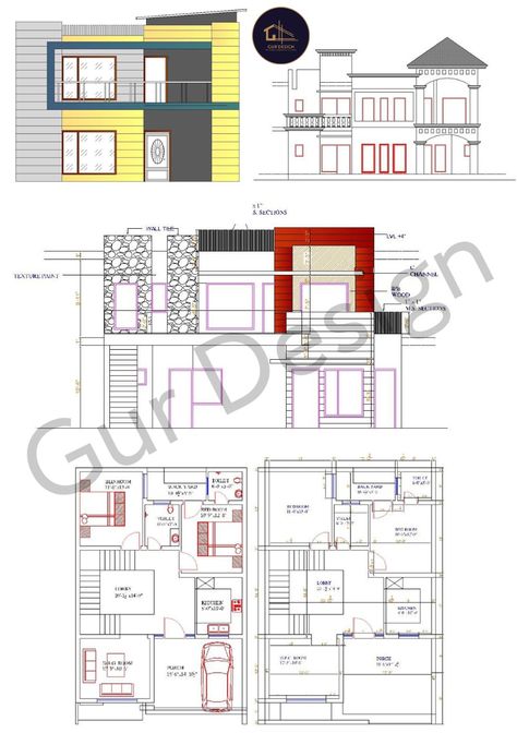 2d Plan With 3d Elevation, 2 Bedroom House Design, Plan And Elevation, Architectural Structure, Narrow House Plans, 3d Elevation, Elevation Plan, Narrow House, House Arch Design