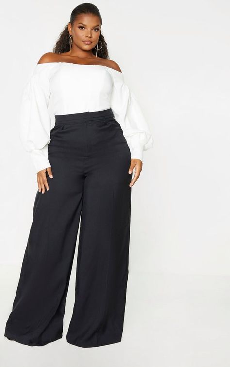 Plus Size Clothing | Plus Size Fashion | PrettyLittleThing USA Wide Leg Pants Outfit Plus Size, Black Trousers Outfit Work, Wide Leg Trousers Outfit, Trousers Plus Size, Plus Size Inspiration, Trousers Outfit, Wide Leg Pants Outfits, Trouser Outfit, High Waisted Wide Leg Pants